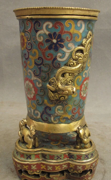 

S3876 Tibet Cloisonne Enamel Bronze Gilt Dragon Unicorn Lion Statue Box Incense Burner D0318