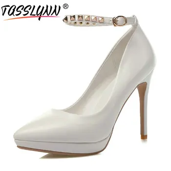 

TASSLYNN 2019 Buckle Women's Pumps Rivets Thin Heels Spring Pointed Toe Super High Heels Platform Elegant Shoes Woman Size 34-39