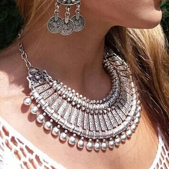 

Gypsy Bohemian Coin Carved Flower Ball Bib Statement Necklace Boho Festival Silver Bib Ethnic Turkish india Jewelry