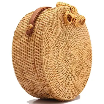 

Women Handwoven Round Rattan Bag Shoulder Leather Straps Natural Chic Handbag