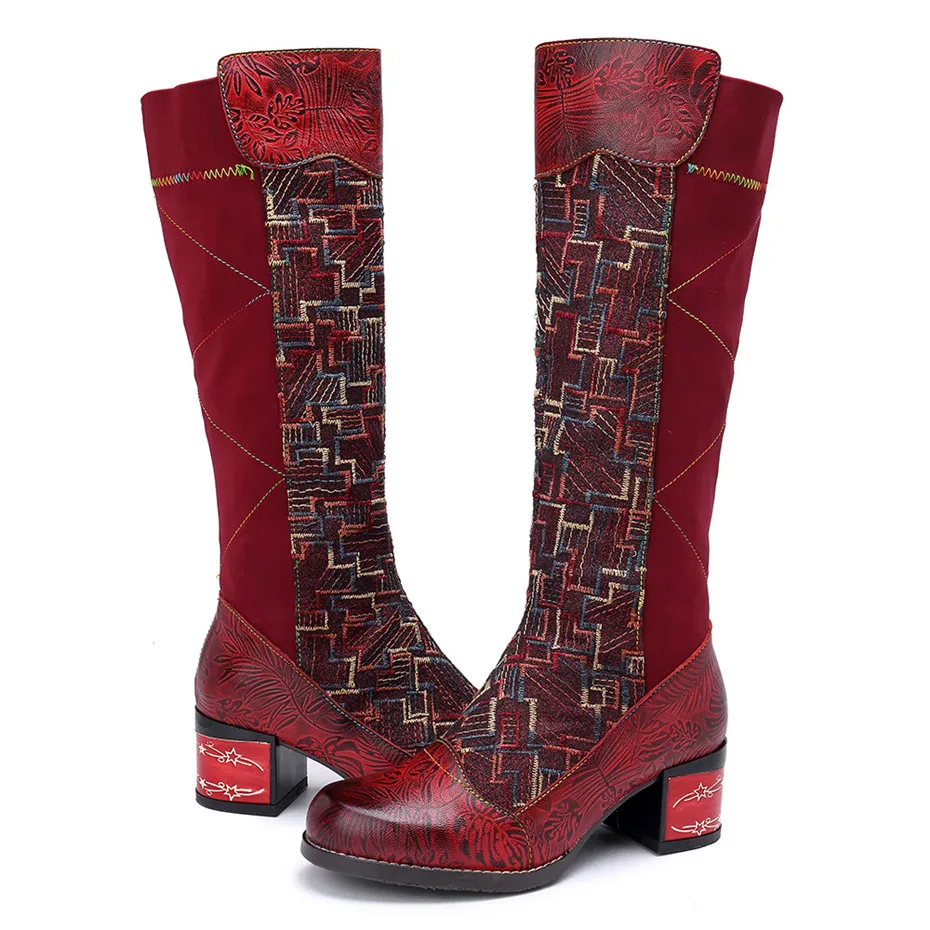 Handmade Genuine Leather Knee High Boots Women Shoes Vintage Patchwork Lady Embroider Shoes Zipper Heels Spring Autumn Boots New (10)