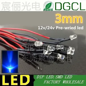 

100pcs/lots 12V/24V Pre-wired led light lamp Blue 3mm DIP LED 20mm 0.08w prewired led(CE&Rosh)