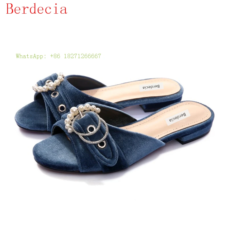 

2017 New String Bead Pearl Metal Buckle Slides Open Toe Flock Flat Casual Slippers Women Outside Fashion Summer Flat Shoes Women