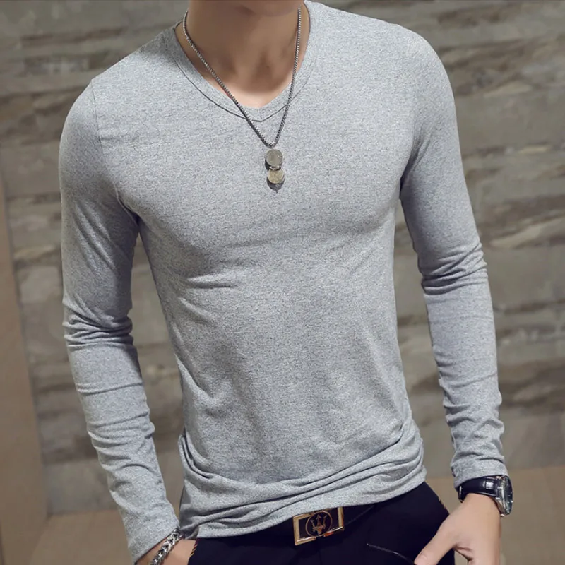 

Men Autumn T-shirts Long Sleeves V Neck Pullover Slim Fit Casual Minimalist Male Tops TY66