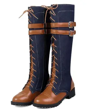 

Sapato Feminino Woman Knee High Boots Women Rome Shoes Low Square Heels Autumn Lace Up Gladiator Booties Girls Chaussures AB1182