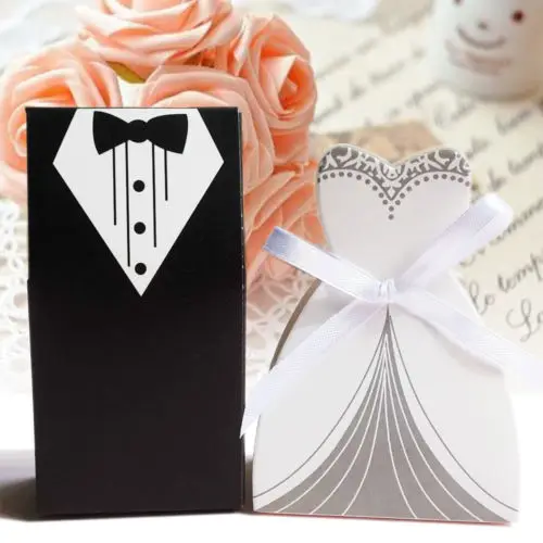 100pcs Wedding Favor Candy Box Bride& Groom Dress Tuxedo Party w/ Ribbon Free shipping