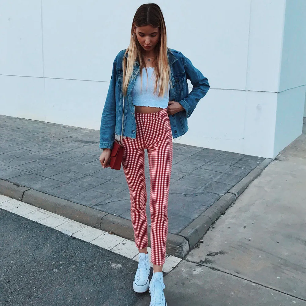 

Summer Ladies Pink Plaid Pants 2019 Women Spring Streetwear High Waist Woman fashion 2019 Pants Trousers Women Clothes