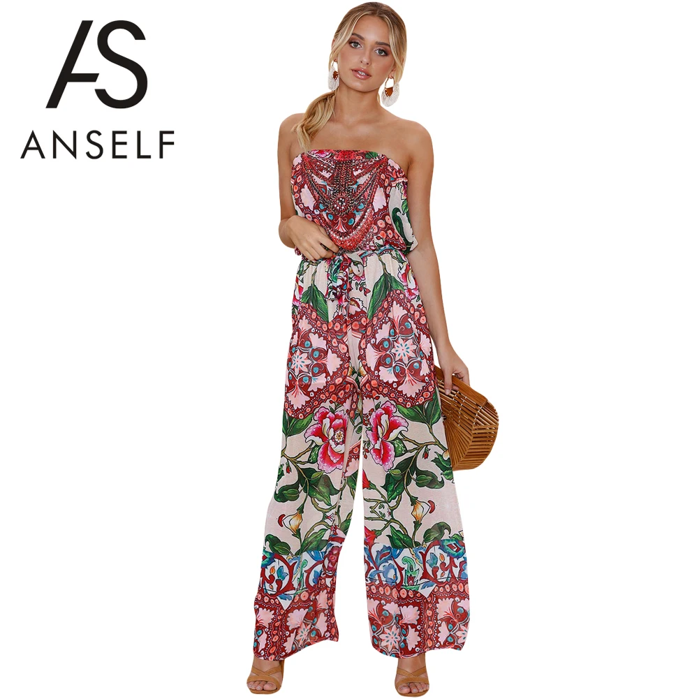 

Anself Women Sexy Jumpsuit Vintage Bohemian Floral Print Off Shoulder Rompers Backless Boho Loose Retro Playsuit Body Feminino
