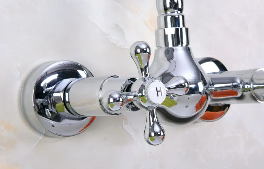 Polished Chrome Brass Wall Mounted Double Cross Handles Bathroom Kitchen Sink Faucet Mixer Tap Swivel Spout anf970