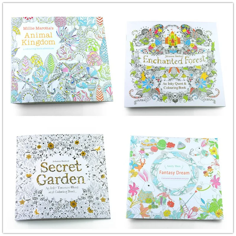 

4 PCS 24 Pages Mixed Style Relieve Stress for Kids Adult Fantasy Dream Painting Drawing Secret Garden Kill Time Coloring Book