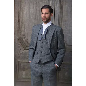 Tanie 2019 Custom Made Szary Tweed Oficjalny Garnitur Męski Slim Fit Klasyczny Niestandardowe Męskie Smokingi 3 Kawałek Garnitury ślubne (kurtka + Spodnie + Kamizelka)