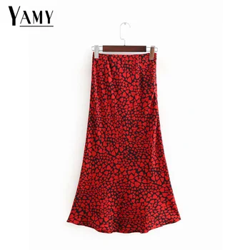 

Boho midi skirt women elastic high waist skirt red heart print punk korean streetwear