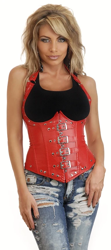 PV Leather Corset Bustier Gothic Belt Sexy Red & Black Steampunk Halter Overbust Bustier Women Lingerie Steel Boned Shaewear