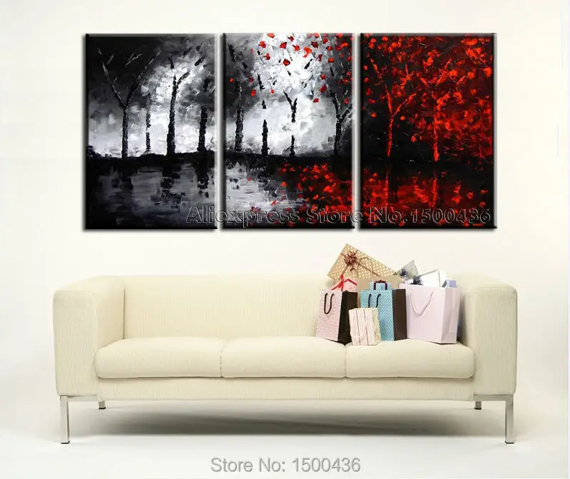 Hand painted tree canvas wall art picture oil painting modern abstract 3 piece black white and red landscape home decoration set in painting calligraphy Hand painted tree canvas wall art picture oil painting modern abstract 3 piece black white and red landscape home decoration set in painting calligraphy