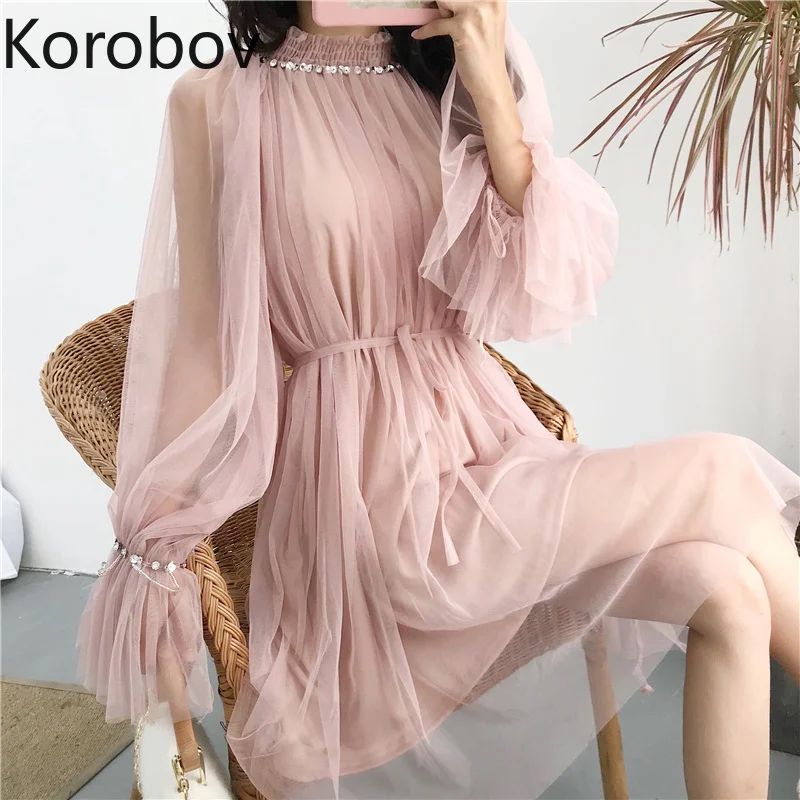 

Korobov Stand Collar Mesh Lace Dress Sequined Sweet Summer Women Dress Tulle Dress Vestidos Robe Femme Women Dresses 77564