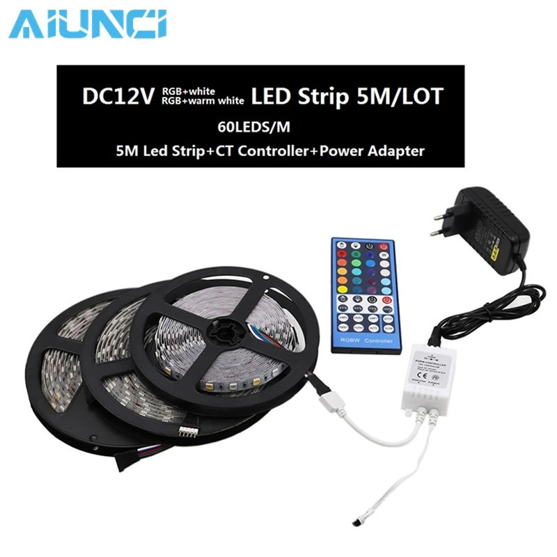 

LED Strip 5050 RGB+White/RGB+Warm White 60LEDs/m 5m/lot Indoor Decorations Tape + 40 Key IR Controller + DC 12V 3A Power Supply