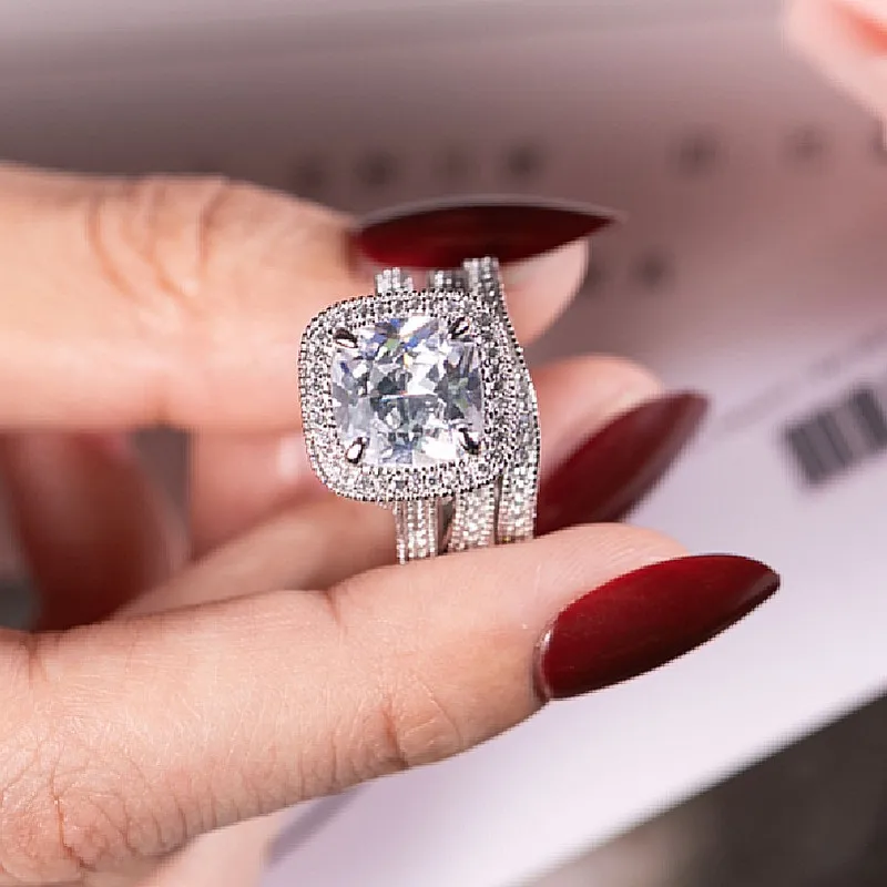 Винтажные 925 пробы серебряные свадебные кольца для женщин роскошный набор обручальных колец с искусственным бриллиантом 3 в Свадебные ювелирные изделия