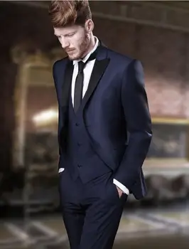 

Cheap Men Suit Business Custom Made Navy Blue Formal Dress Men Wedding Suits Groom Tuxedos For Men Blazer(Jacket Pant Vest Tie)