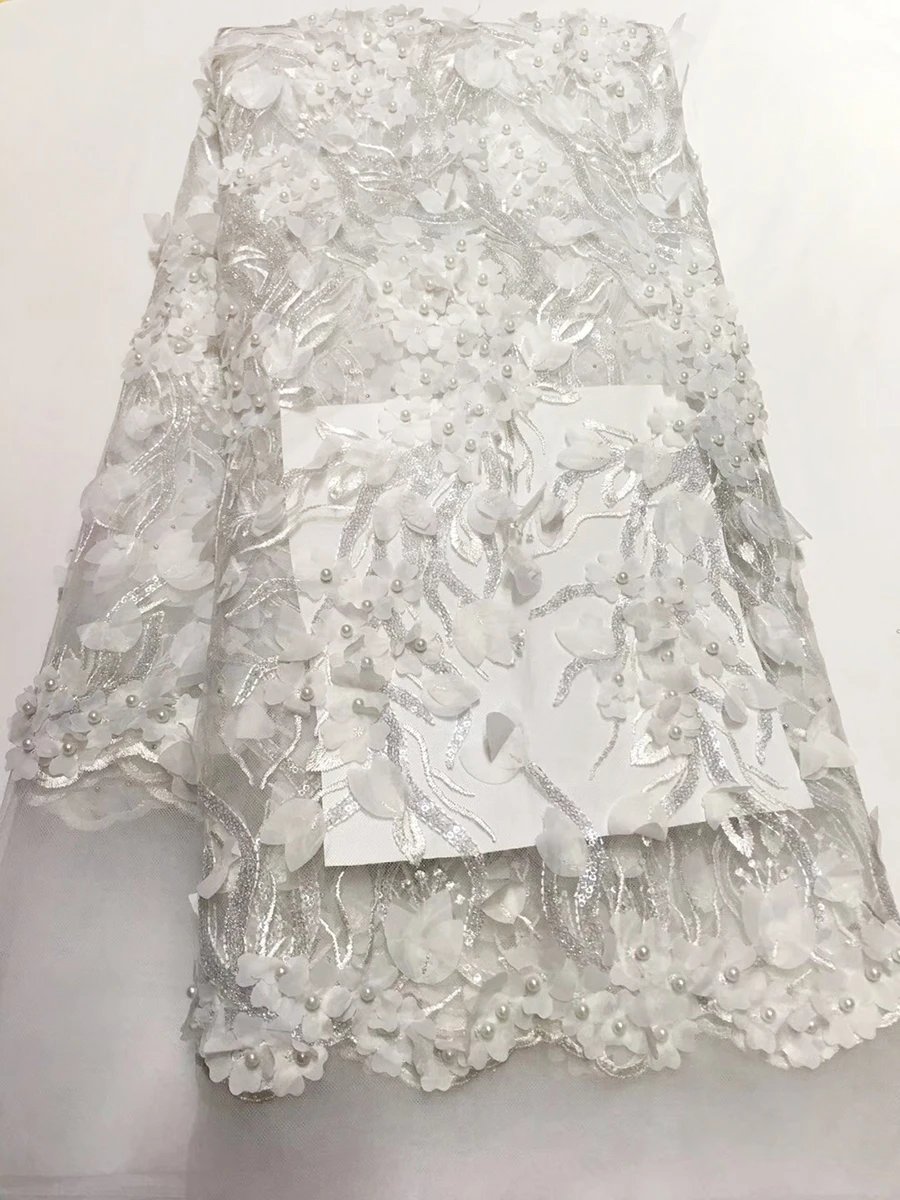 

2018 Latest 3D applique French Lace Fabric.beads and sequins High Quality white African Lace Fabric For Wedding dress