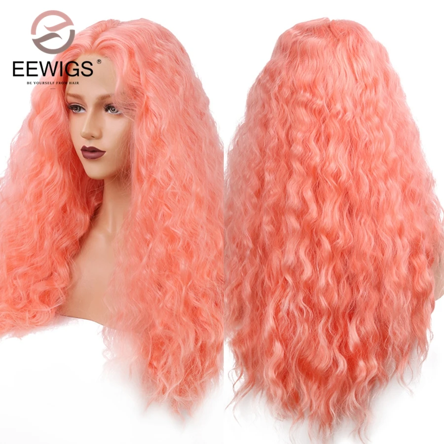 

EEWIGS Pink Synthetic Lace Front Wig 180% Density Kinky Curly Wig With Heat Resistant Natural Hairline Peach Wigs For Drag Queen