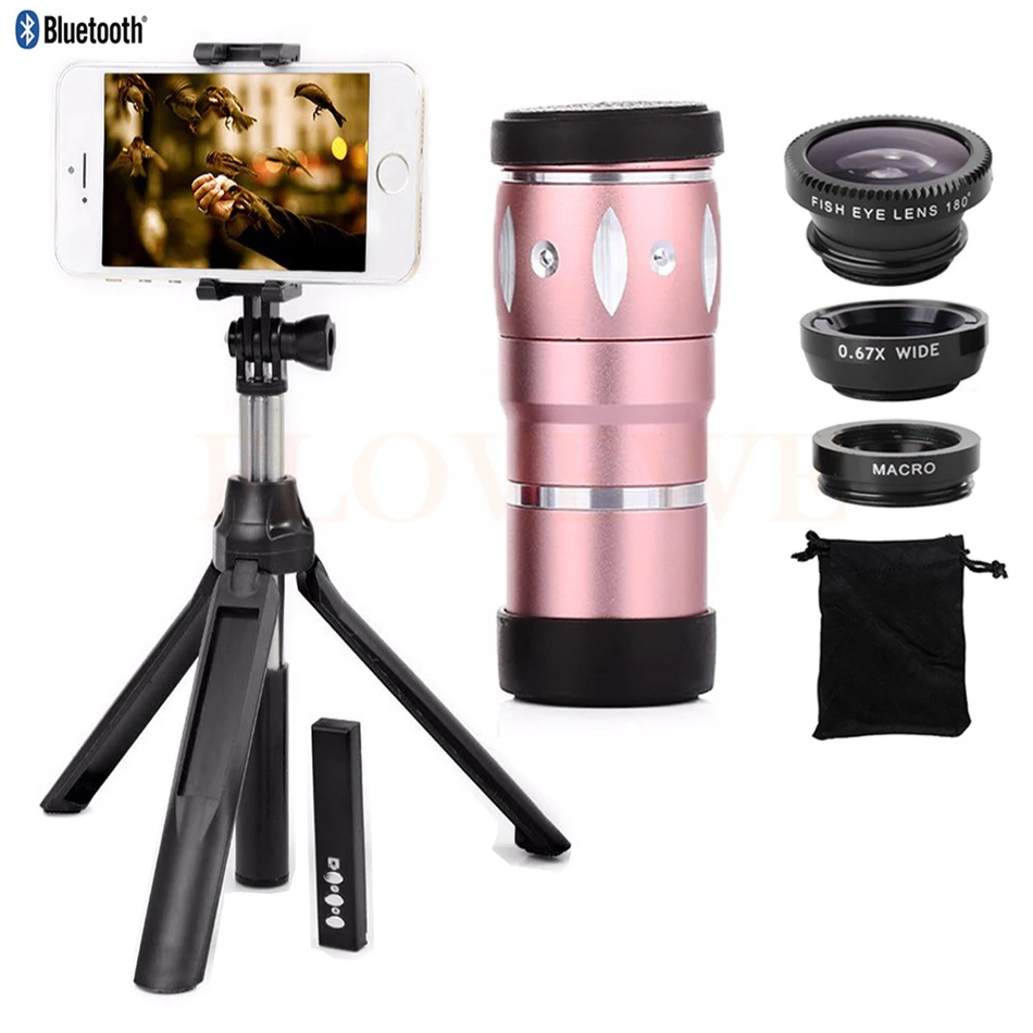 

Phone camera lenses Kit 10X Zoom Telephoto Optical Zoom Telescope Lens Fisheye Wide Angle Macro Lentes Monopod Bluetooth Shutter