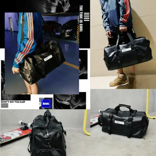 

US Mens Black Handbag Travel Gym PU Leather Bag Large Weekend Sports Bag