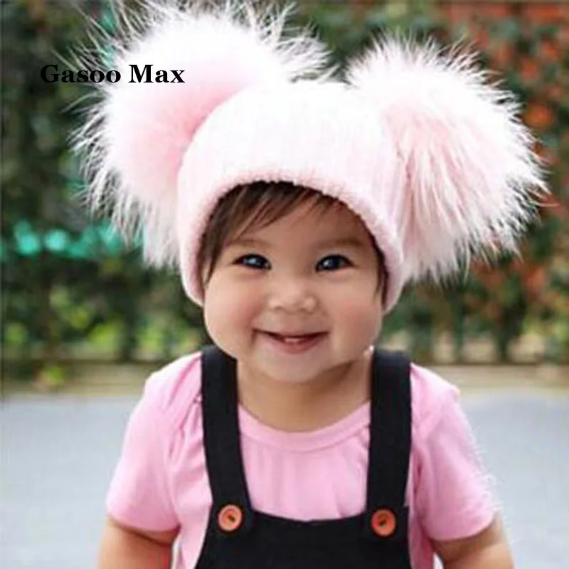 Neue Winter Warme Kinder Pompon Beanies Hüte für Mädchen und Jungen 12 Farben Mischung Wolle von Caps mit Echtpelz Pom Pom