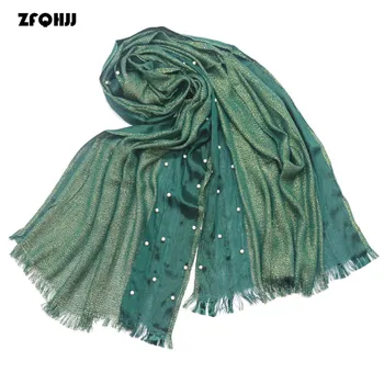 

ZFQHJJ New Women Muslim Hijabs Scarf Glitter Plain Striped Shawls Wraps With Short Tassel Pearls Islamic Women Scarves 170*65cm