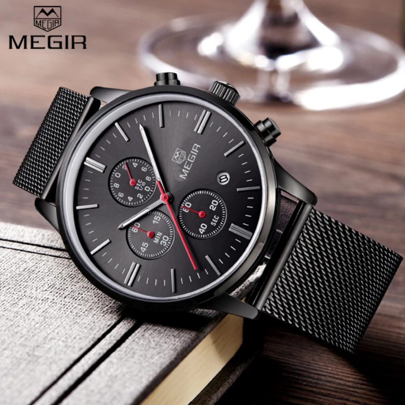 Prix pour Montres Hommes MEGIR Marque Chronographe Mode Simple Hommes Montres En Acier Inoxydable Maille Bande Quartz-Montre Mince Cadran Homme Casual horloge Prix pour Montres Hommes MEGIR Marque Chronographe Mode Simple Hommes Montres En Acier Inoxydable Maille Bande Quartz-Montre Mince Cadran Homme Casual horloge