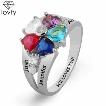 

lovty Engraving Birthstone&Name Rings for Women Rose Gold Color In Silver for Her 5 Heart Birthstones Ring Size 3-14 for Mother