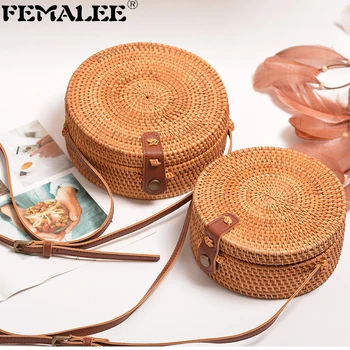 

Circular Rattan Bag 2019 Ins Summer Straw Bags Purse Handmade Bali Beach Shoulder Bag Woven Boho Adjust PU Leather Strap Handbag