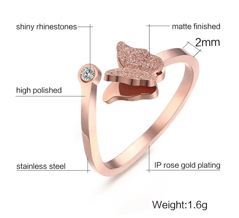 Женский комплект ювелирных изделий, ожерелье с бабочкой, кольцо, серьги, розовое золото, циркон, шарм, матовая отделка, женские подарки