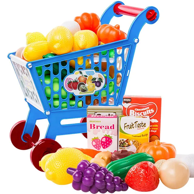 Children Role Play Supermarket Toy Shopping Cart Trolley With Fruits And Vegetables Set Pretend