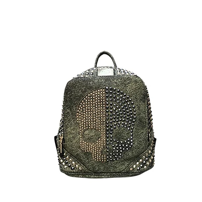 Unisex Skull Backpack Women Men Rivets Leather Backpack for Teen Girl Shoulder Bags Casual Travel Punk Backpack Couple Bags - Цвет: Green  27x23x12cm