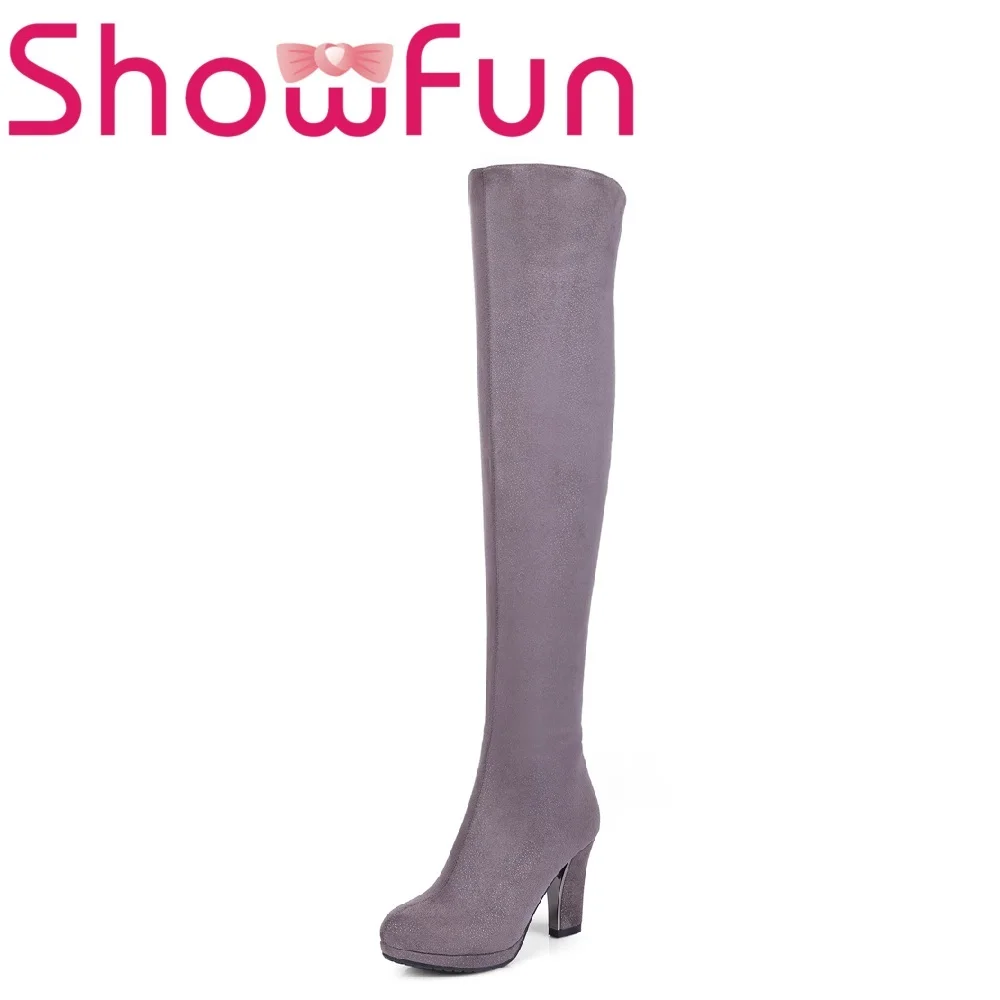 

Showfun genuine leather shoes woman winter solid over-the-knee round toe slip-on short plush square heel boots