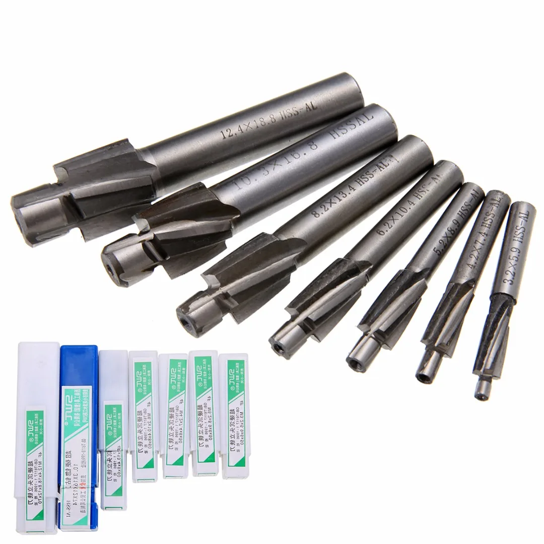 

7pcs M3.2-M12.4 Counterbore End Mill Pilot Slot Slotting Milling Cutter 10mm Shank 48-74mm Length