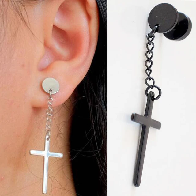 2 Pieces 16G 1.2mm Cross Earring Punk Tassels Chain Stainless Steel