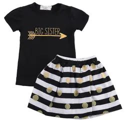 Летнее платье для маленьких девочек; топы; футболка; Полосатая юбка; одежда; 2-7T