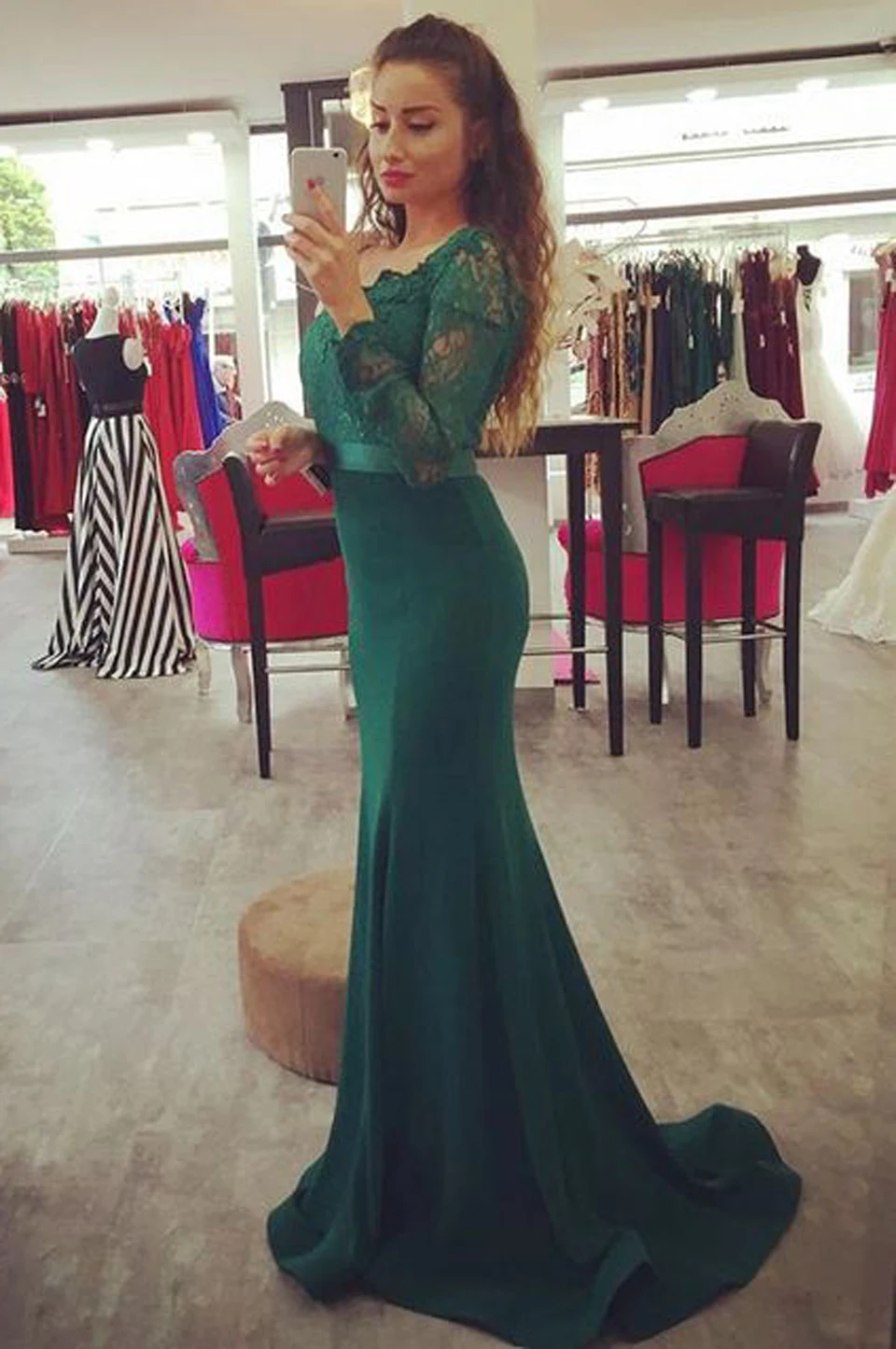 Pizzo Manica Lunga Scollo A V Verde Smeraldo Lungo Sirena abiti Da Sera  abito Elegante Partito di Promenade Del Vestito per Le Donne robe de soiree  longue|mermaid evening dress|evening dressevening dresses elegant -