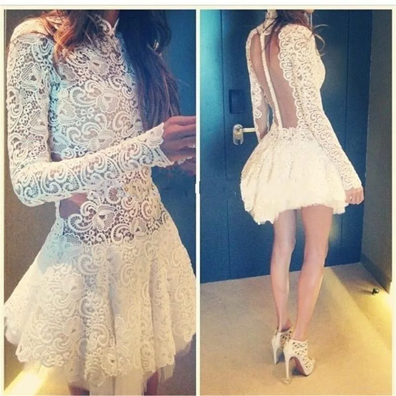 Sheer Back Lace Short font b Cocktail b font font b Dresses b font Long Sleeves