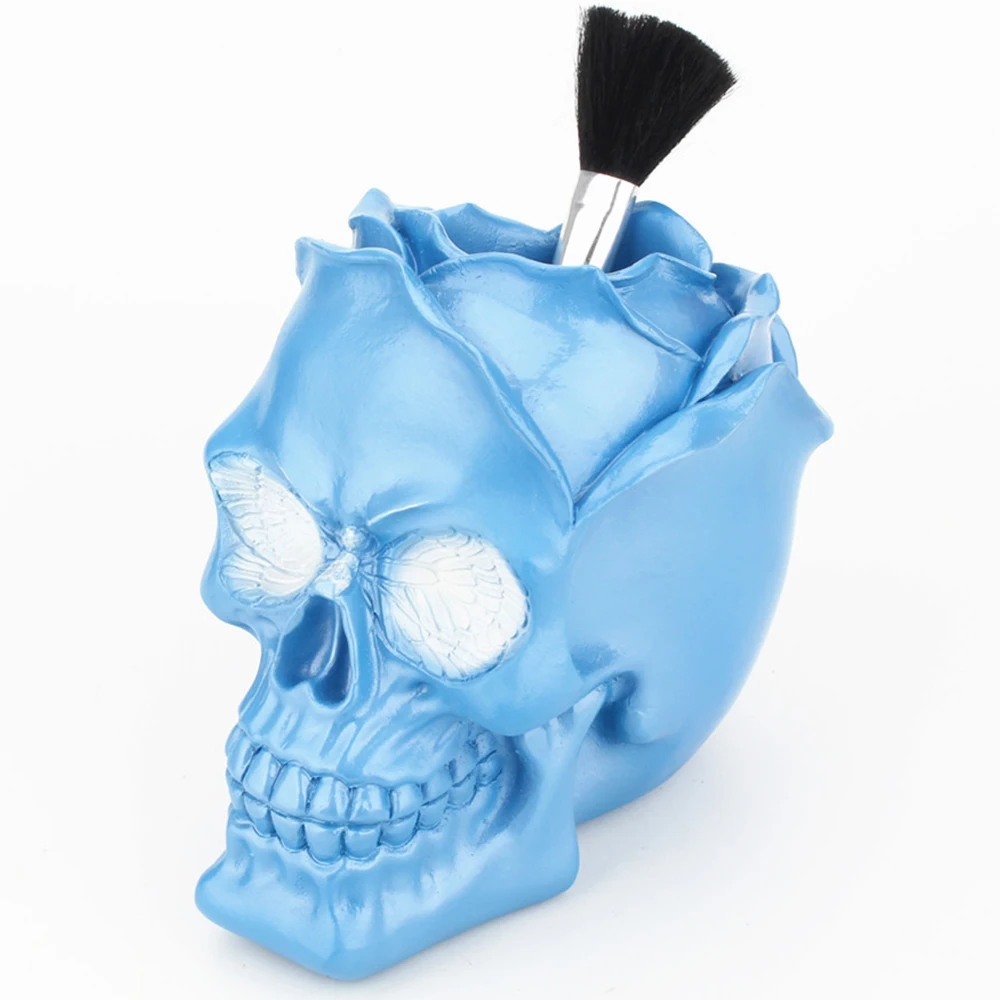 

Butterfly Blue Rose Skull Makeup Organizer Make Up Bushes Storage Case Pen Holder Resin Figurine Women Room Table Decoration