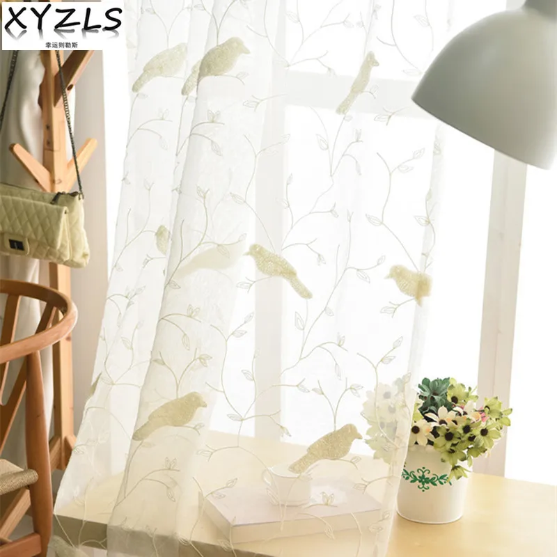 XYZLS Solid White Birds Embroidered Kitchen Sheer Tulle Curtains For