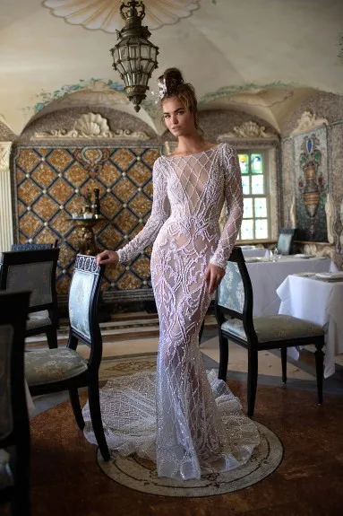 

Eslieb 2019 Illusion Full Lace Mermaid Wedding Dresses Long Sleeve Shiny Lace Vestidos De Novia White Ivory Bridal Gowns Custom