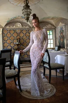شراءEslieb 2019 فساتين زفاف حورية البحر الدانتيل الكامل كم طويل لامعة الدانتيل Vestidos De Novia الأبيض العاجي زي العرائس مخصص XY007