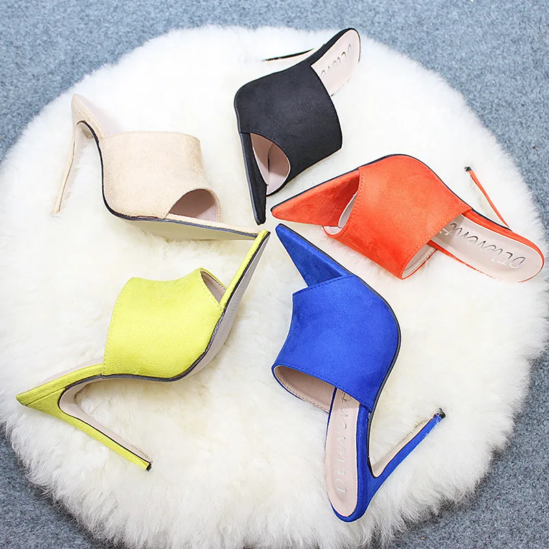 

Women Slippers Bitch Hot Flock Pointy Stiletto High Heel 12CM Nightclub Slippers Sandals Woman Shoes Pumps Candy Orange Blue Nud
