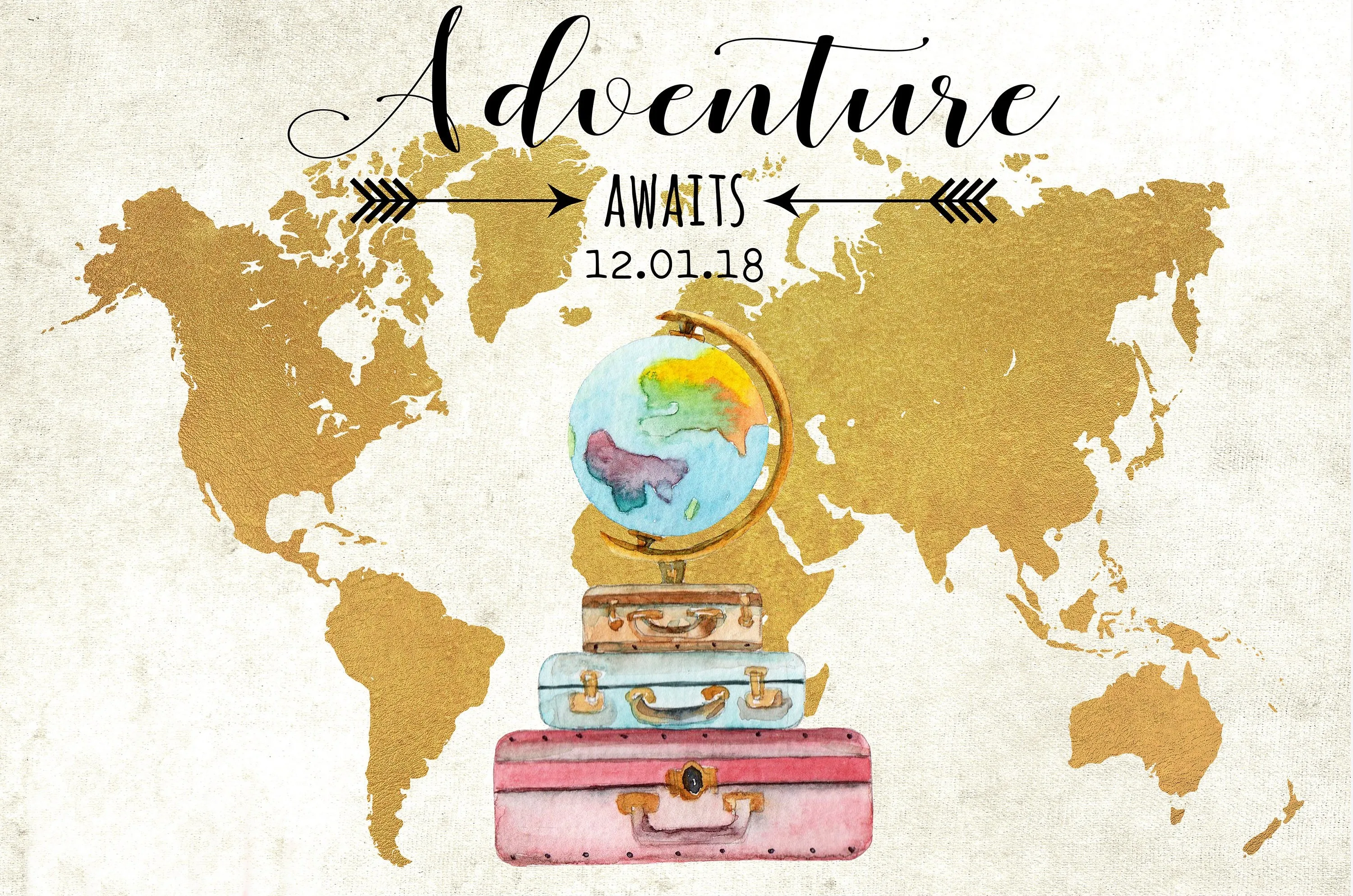 custom adventure awaits gold world map globe baby shower background
