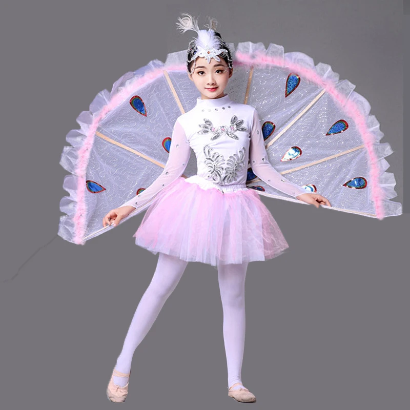wholesale детский сценический костюм павлина для танцев китайские сценические танцевальные костюмы с паетками балетное платье розовое/желтое