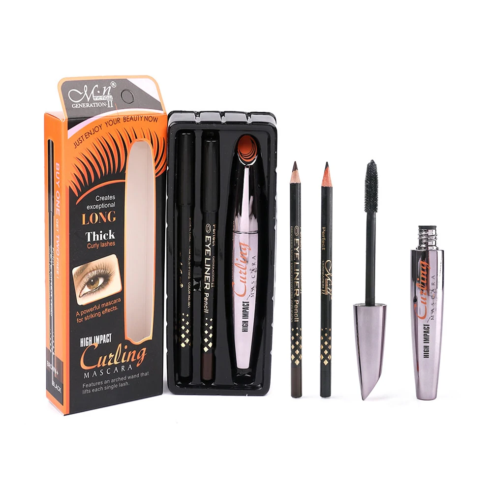 Mascara with 2pcs Eyebrow Eye Pencil Long wearing Cosmetics 3D Fiber Lashes Lengthening Thick Curling Waterproof |