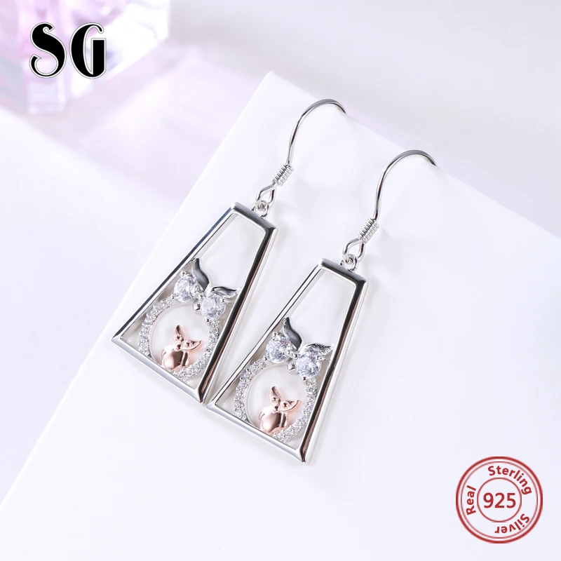 

SG 925 sterling silver Trapezoidal earrings with Animal owl dorp earring Zircon wedding party jewelry for women gift 2019