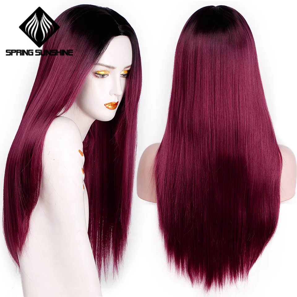 

Spring sunshine Burgundy Black Straight Long Middle Part Wig Women Synthetic Wigs Heat Resistant 22 inch Grey Pink Brown Wig